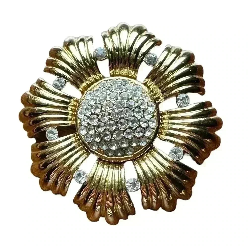 Monet Rhinestone Flower Gold Tone Pin Brooch